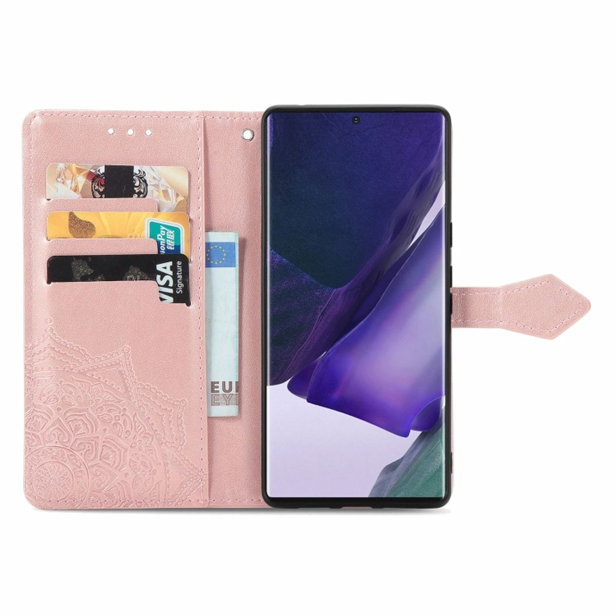 Eine rosa Handyhülle mit Kartenfächern, Bargeld und einem Telefon, das eine Benutzeroberfläche mit rosa Hintergrund anzeigt.