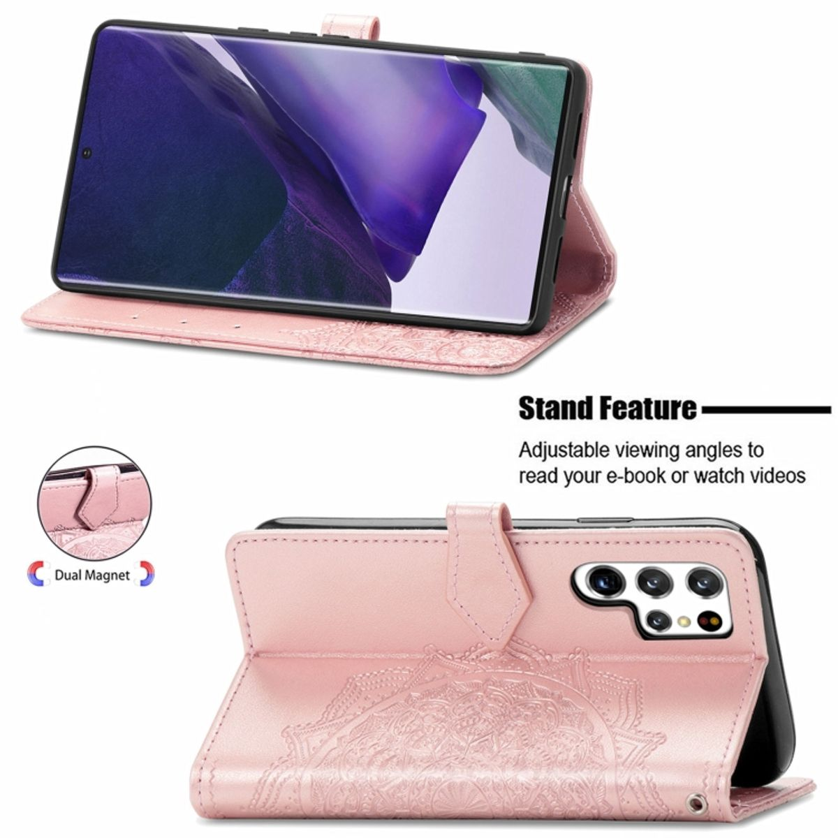 Zwei Bilder. Eine rosa Handyhülle in Verwendung als Ständer, das Telefon in der Hülle. Ständer-Funktionstext.