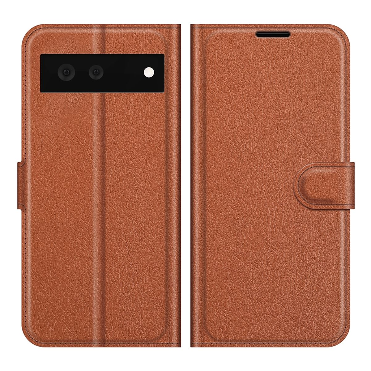 Braune Handyhülle offen, Telefon innen sichtbar. Geschlossene Hülle rechts.