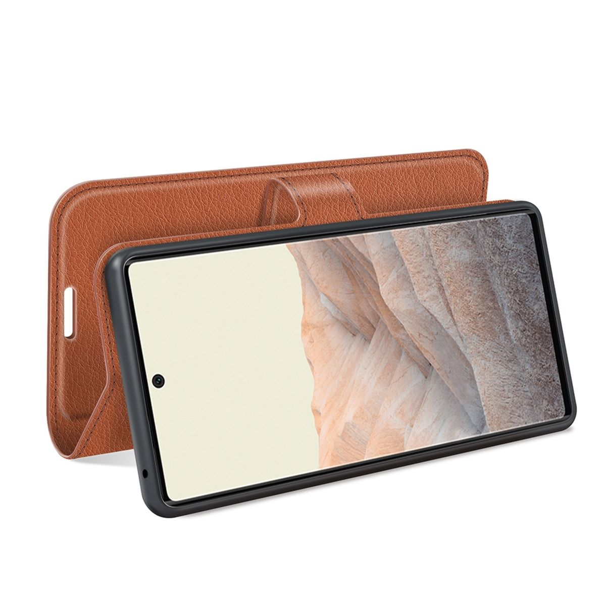 Eine braune Handyhülle mit einem Telefon, offen und stehend. Der Bildschirm des Telefons ist sichtbar.