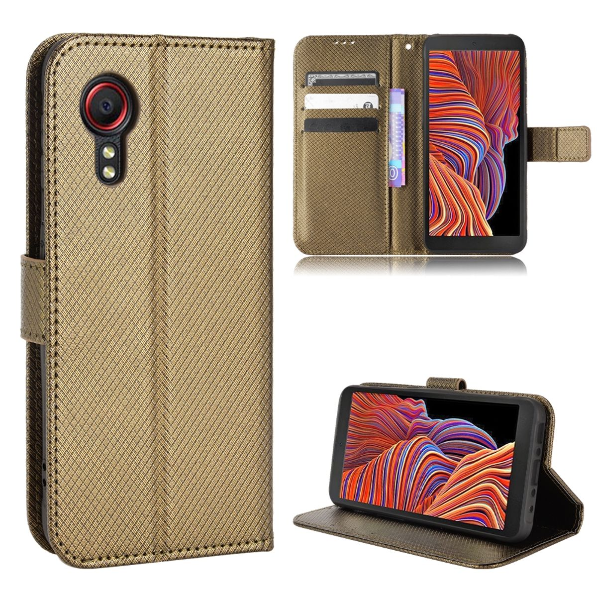 Goldene Handyhülle mit einem Telefon im Inneren. Schwarzes Telefon mit roter Kamera. Hat Kartenfächer innen.