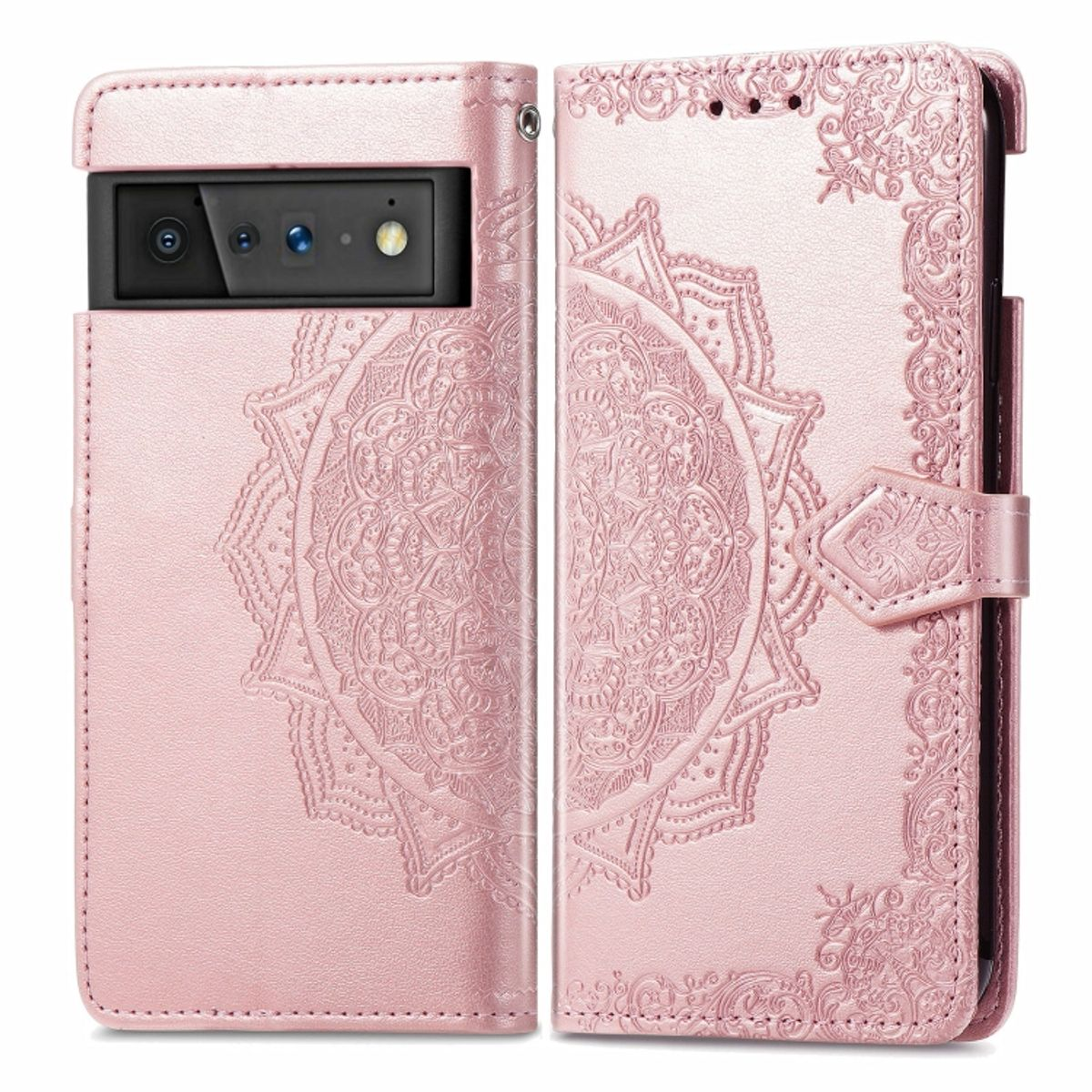 Rosa Handyhülle mit Mandala-Design. Es öffnet sich, um ein Telefon und Kartenfächer freizugeben.