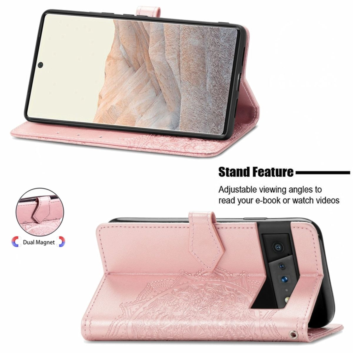 Rosa Handyhülle mit Telefon, das Bildschirm und Rückseite mit Design zeigt.