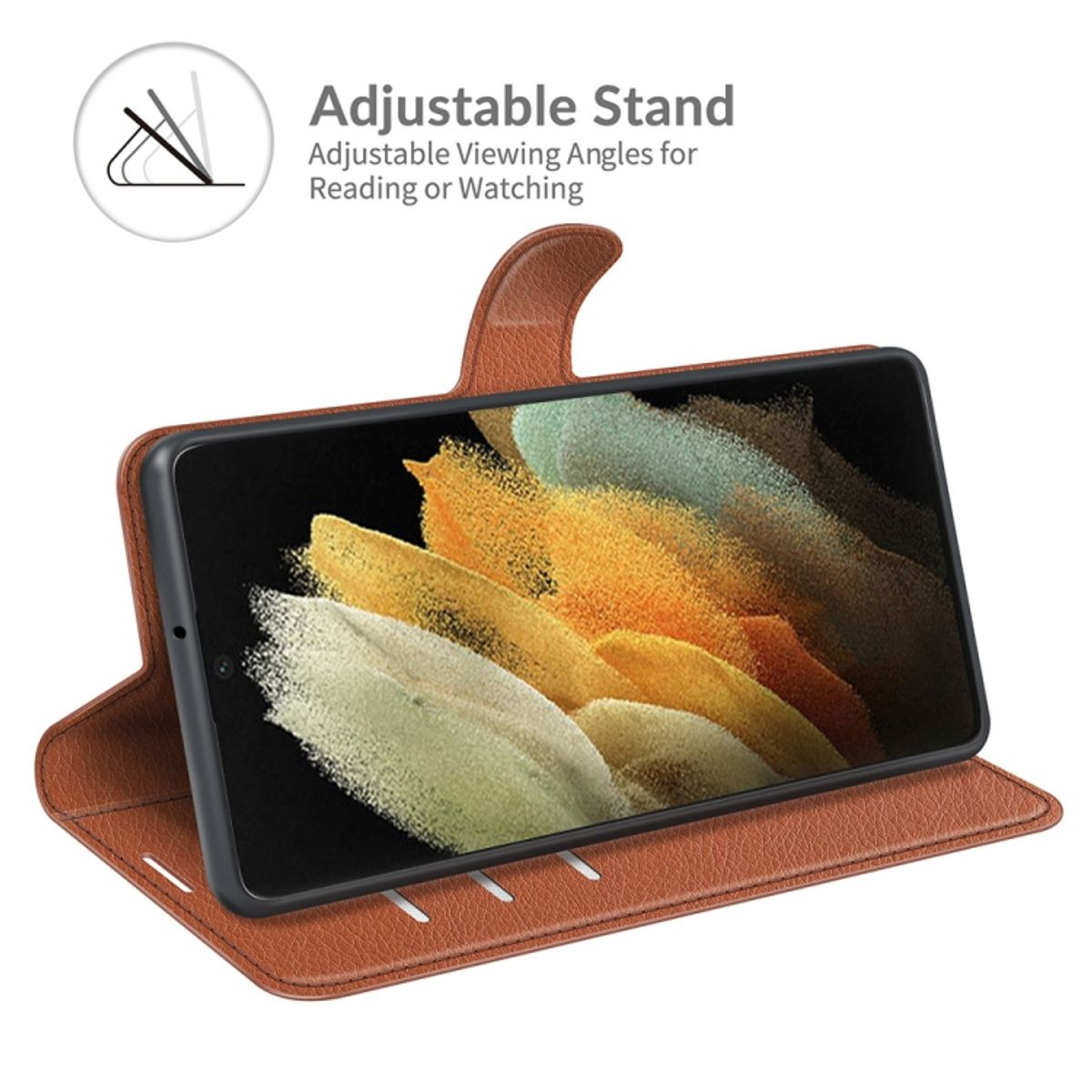 Braune Handyhülle mit einem Telefon. Der Telefonbildschirm zeigt ein orange-gelbes Bild.