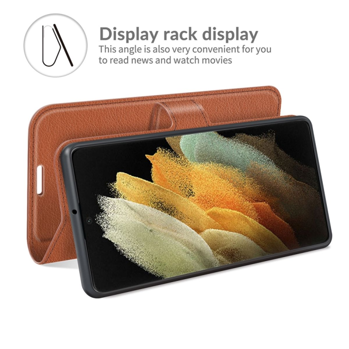 Braune Handyhülle mit Telefon darin, hochgeklappt. Display-Rack-Anzeigetext ist sichtbar.