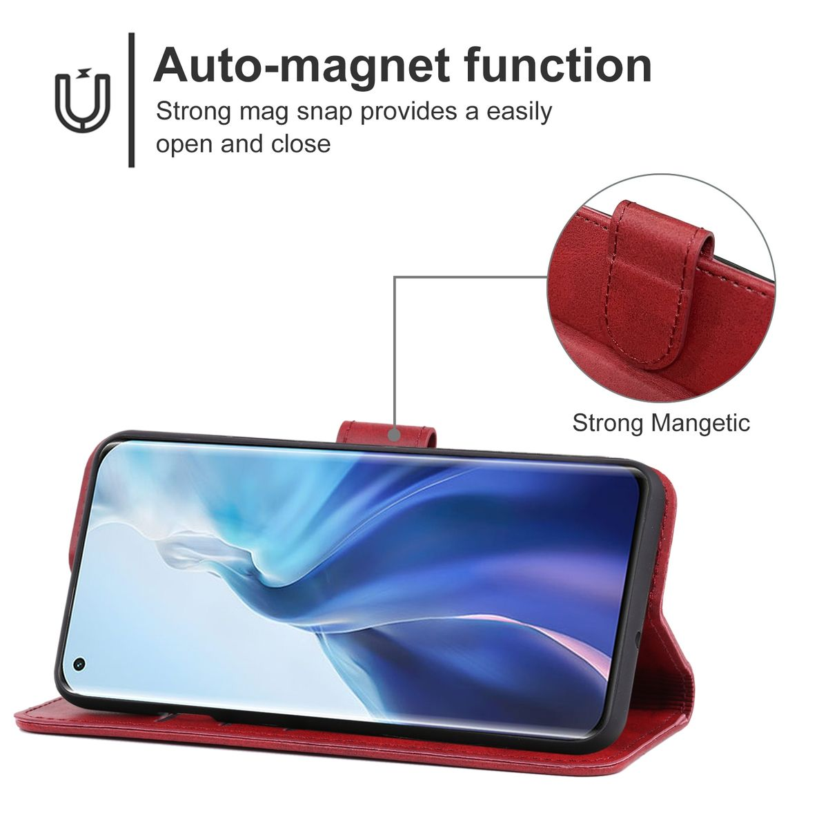Rote Handyhülle mit Telefon darin. Der Koffer ist offen. Weißer Hintergrund.