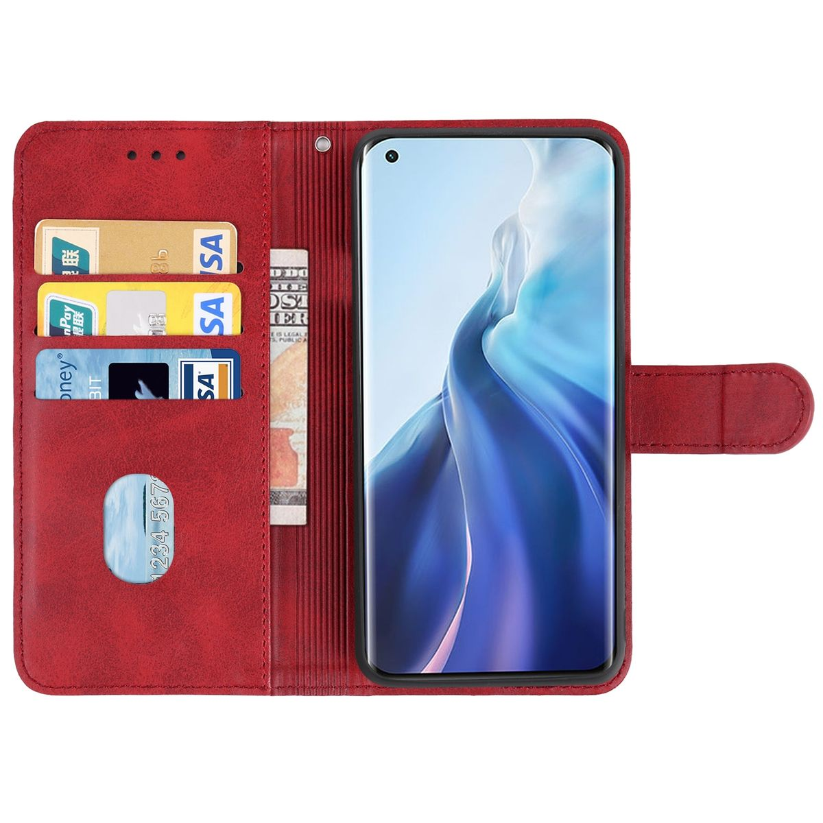Rote Handyhülle offen mit Telefon. Kartenfächer und Geld sichtbar. Roter Hintergrund.