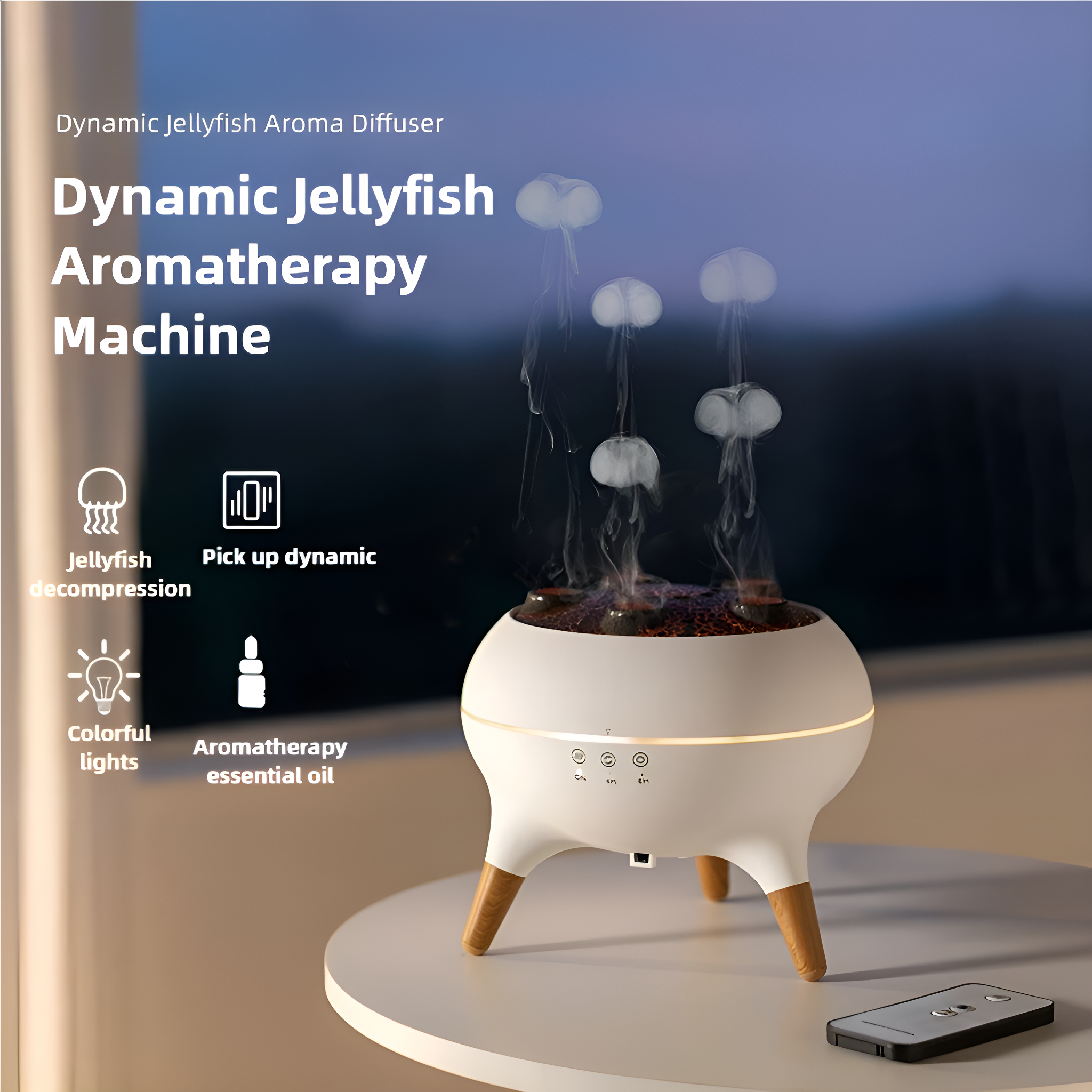 Weiße Aromatherapie-Maschine mit Quallen-Design, die Dampf abgibt. Steht auf einem Tisch mit Fernbedienung.