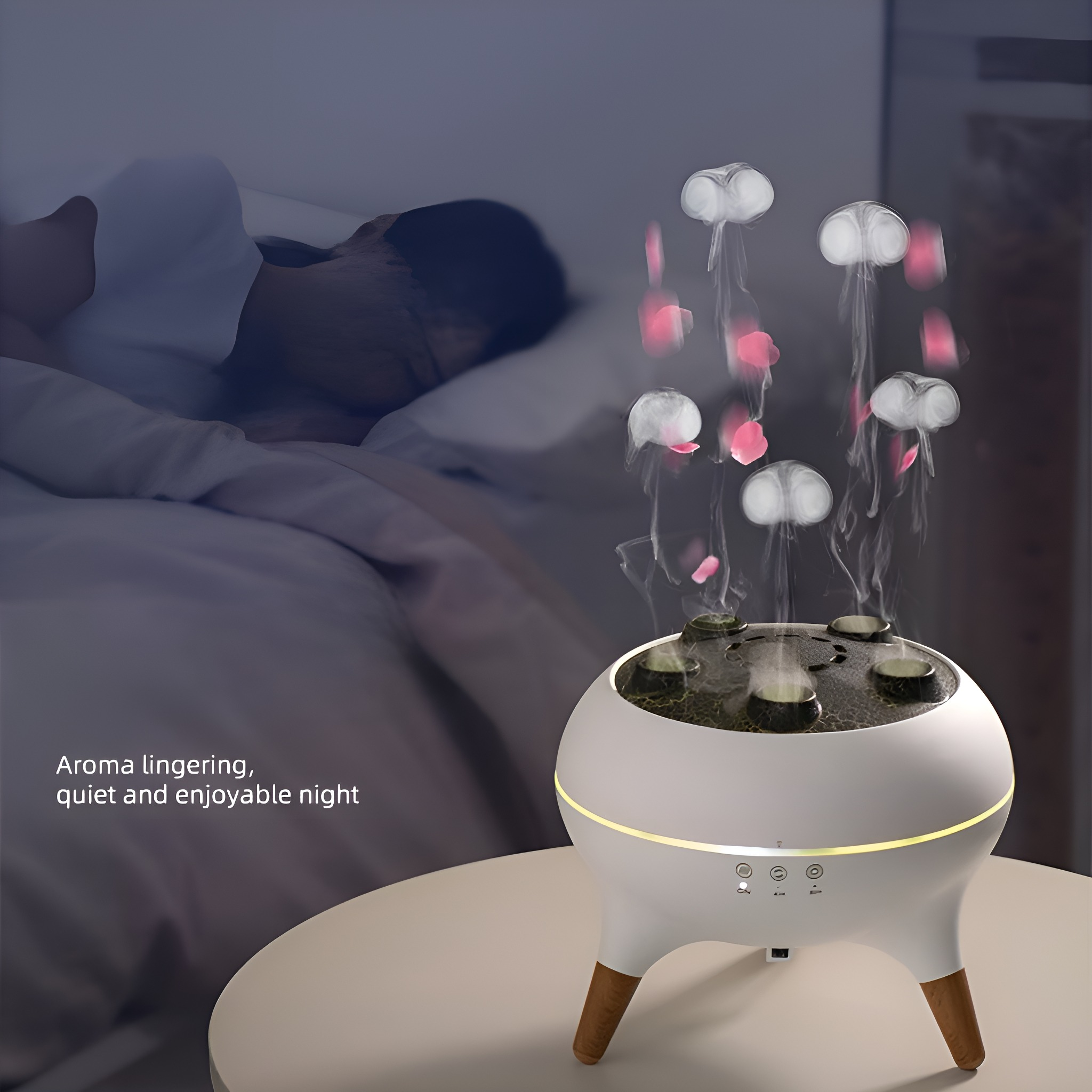 Weißer Aroma-Diffusor mit Dampf und Lichtern. Schlafende Person im Hintergrund. Aroma verweilend, ruhige Nacht.