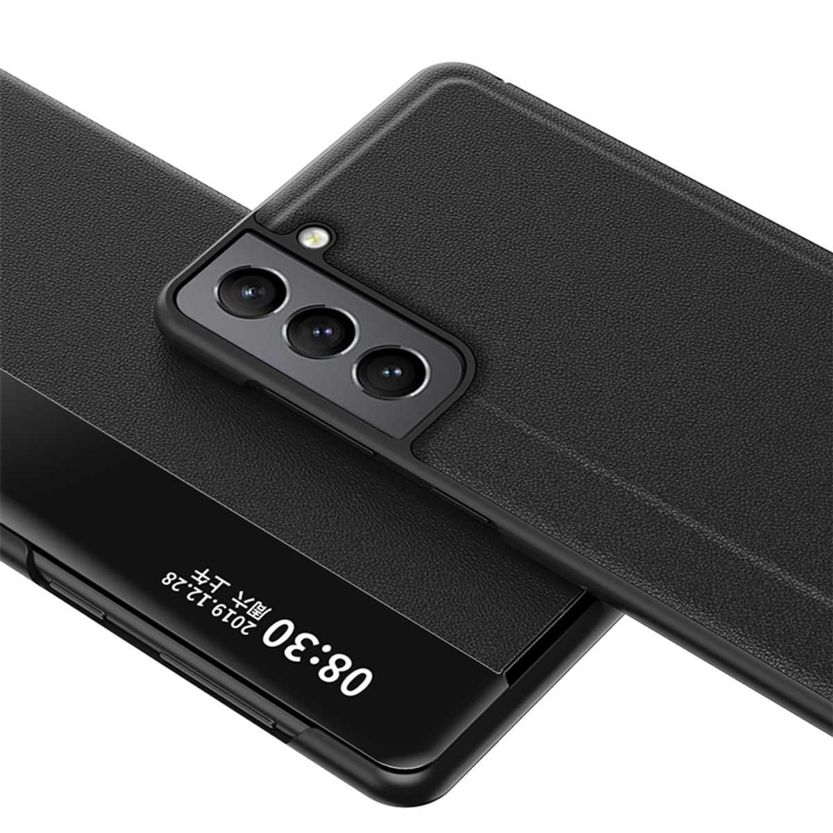 Schwarzes Telefon mit Hülle, die Uhrzeit 08:30 ist auf dem Bildschirm sichtbar. Schwarzer Hintergrund.