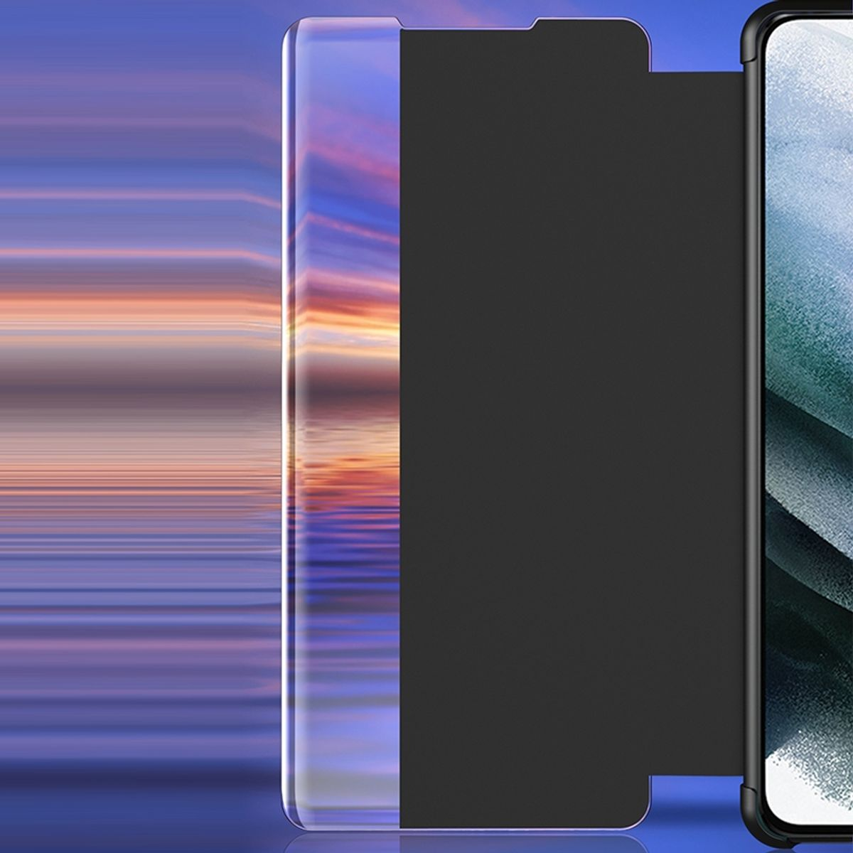 Eine Handyhülle mit blauem und schwarzem Design, geöffnet. Der Telefonbildschirm ist sichtbar.