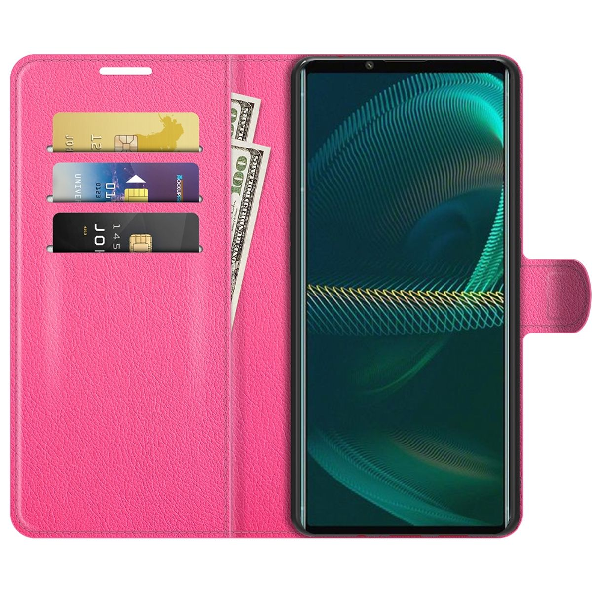 Eine rosa Handyhülle, offen, mit Kreditkarten und einem Dollarschein und einem Telefon.