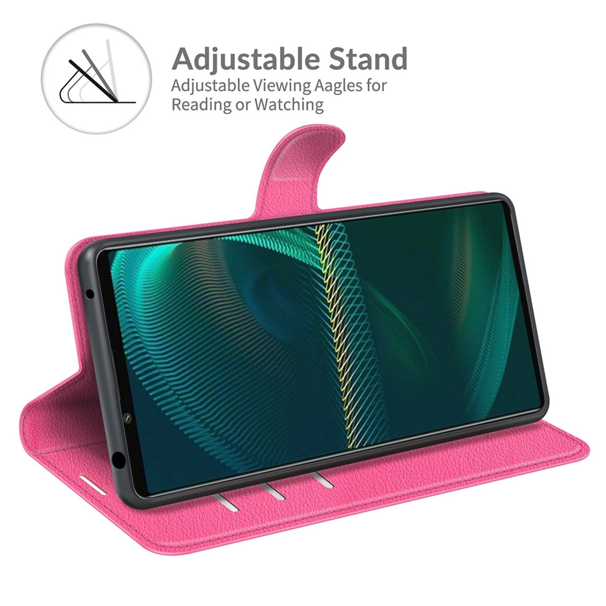 Rosa Handyhülle, Telefon in Standposition. Der Hintergrund ist weiß.