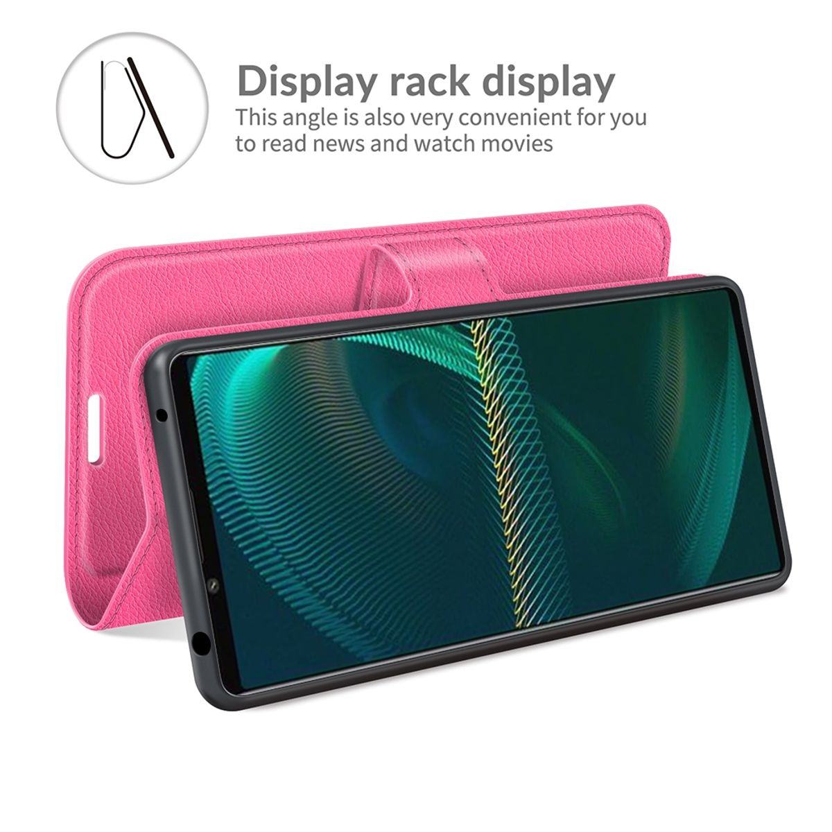 Rosa Handyhülle mit Telefon, als Display-Rack gezeigt. Das Telefon befindet sich auf weißem Hintergrund.