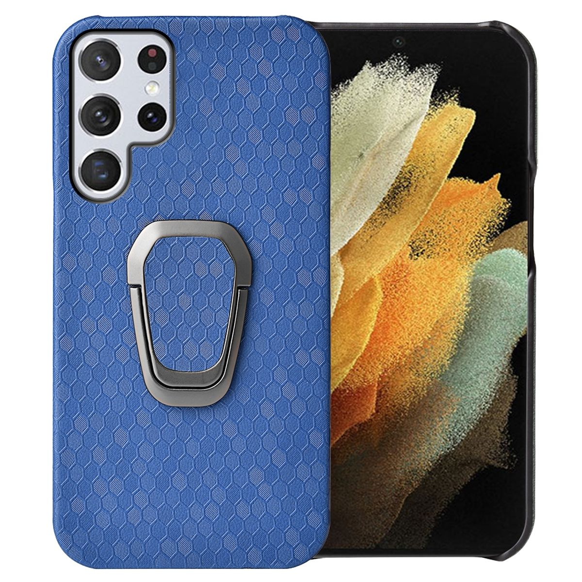 Blaue Handyhülle mit Ringhalter. Sechseckmuster auf der Rückseite. Telefon ist sichtbar.