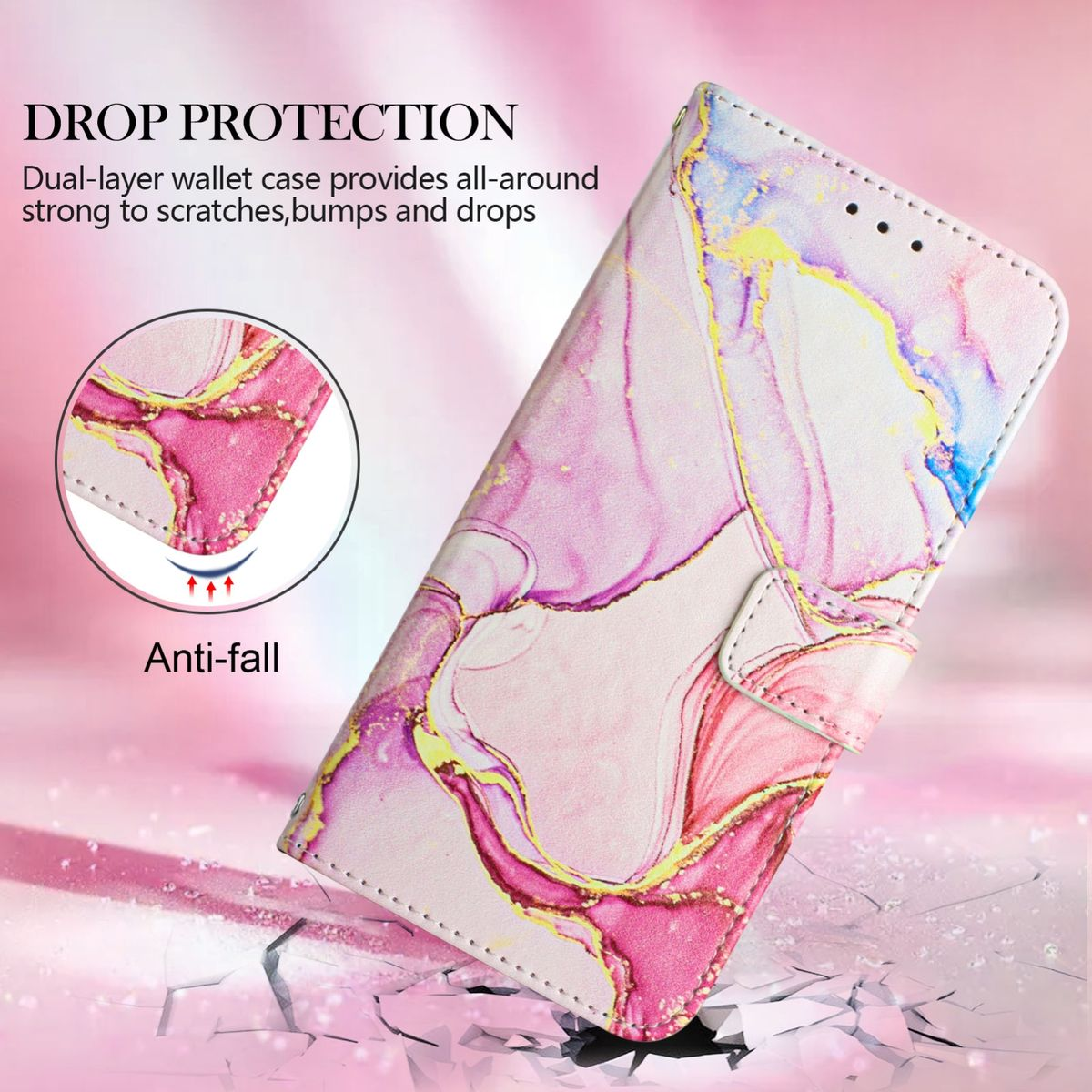 Handyhülle mit rosa Marmor-Design, auf einer rissigen Oberfläche. Text: Drop Protection, Anti-Fall.
