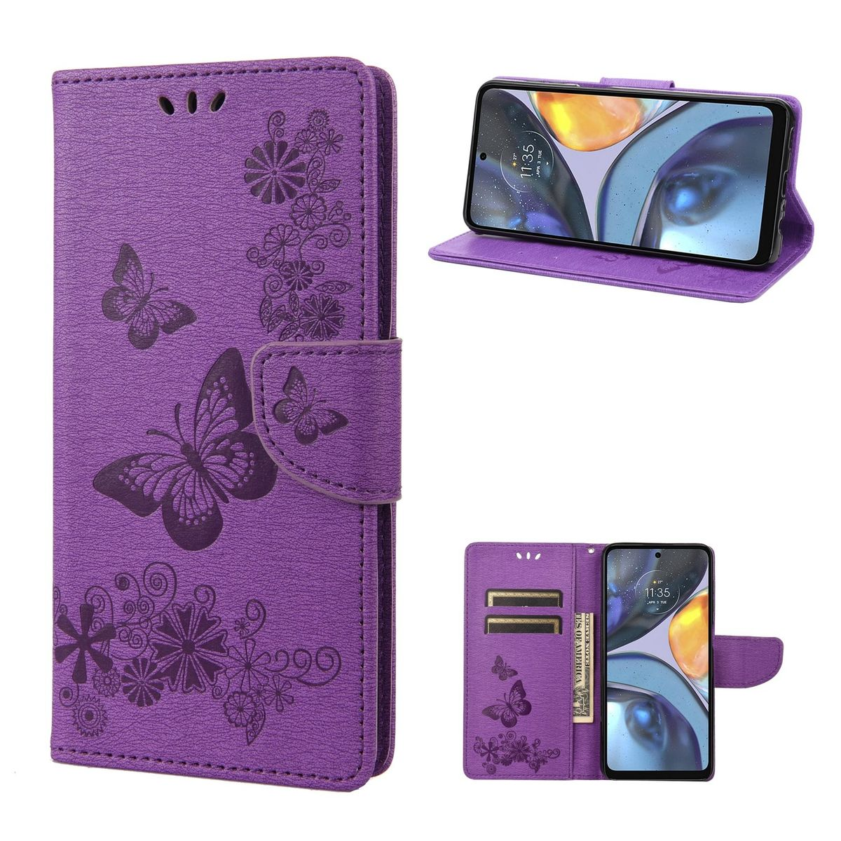 Lila Handyhülle mit Schmetterlingen. Die Hülle ist offen und zeigt das Telefon mit Schmetterlingsmuster.