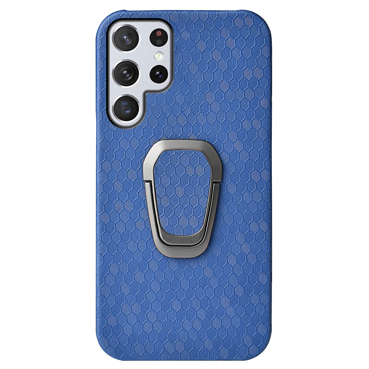 Eine blaue Handyhülle mit einem Wabenmuster und einem silbernen Ringhalter auf der Rückseite.