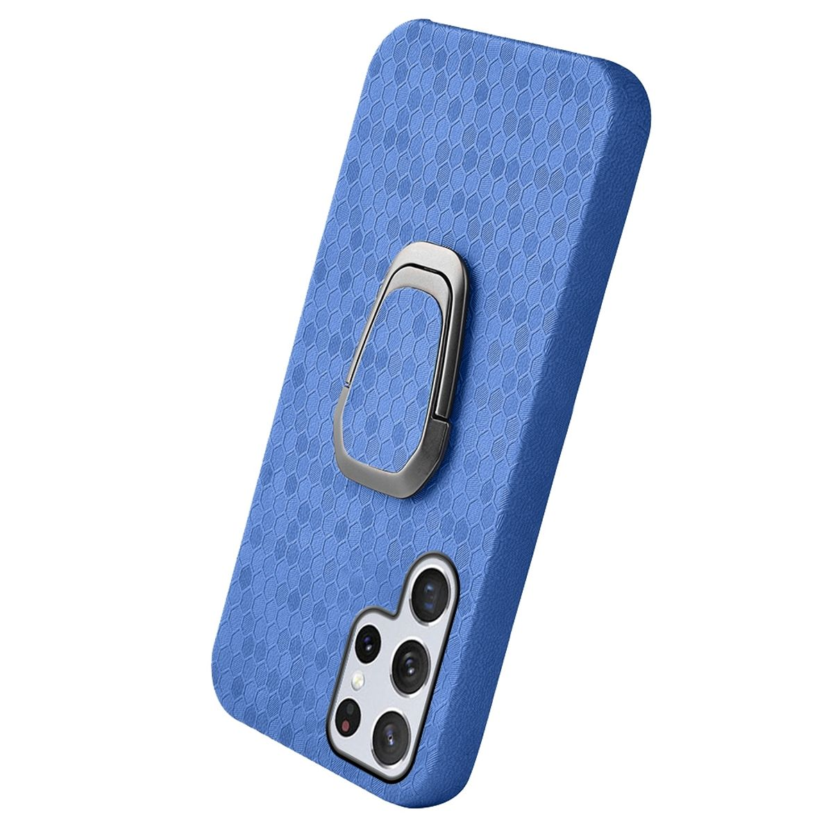 Blaue Handyhülle mit silbernem Ringhalter.