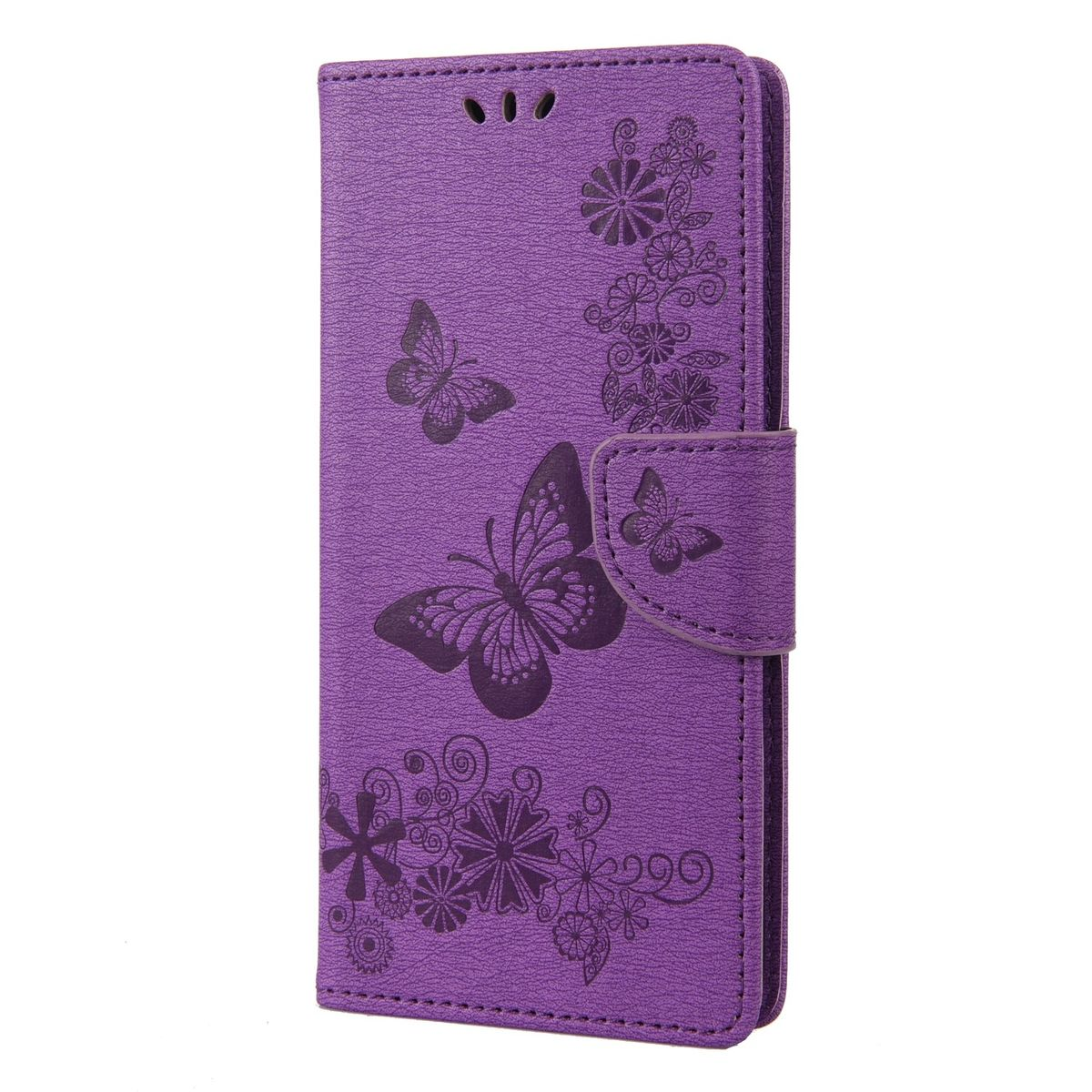 Lila Handyhülle mit Schmetterlingen und Blumen. Die Hülle ist mit einem lila Riemen verschlossen.