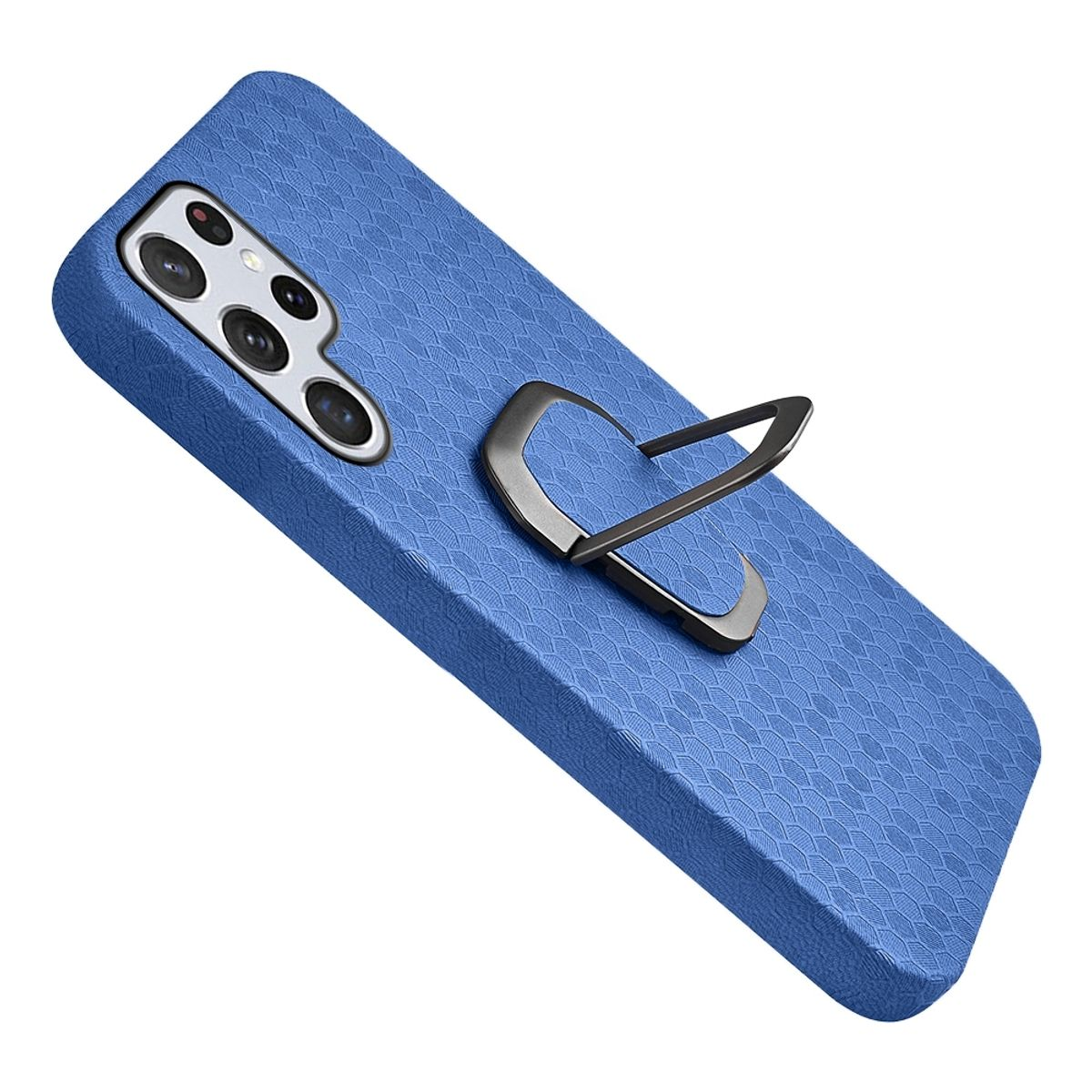 Blaue Handyhülle mit Ringhalter. Mit strukturiertem Muster auf der Rückseite.