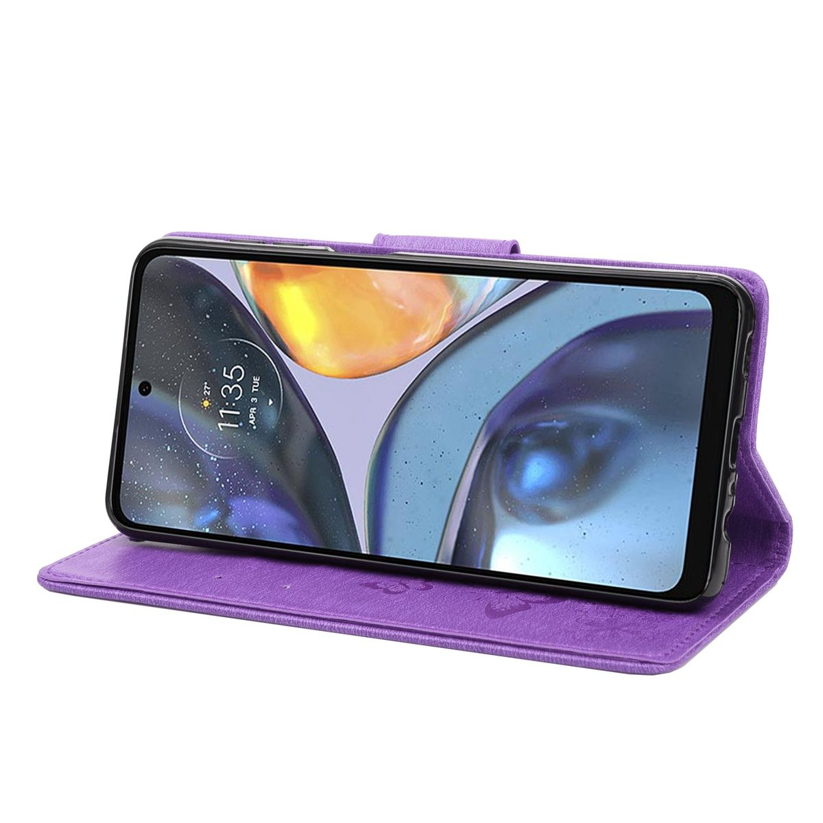 Lila Handyhülle, offen. Telefonbildschirm zeigt die Uhrzeit. Die Hülle ist lila und das Telefon ist sichtbar.