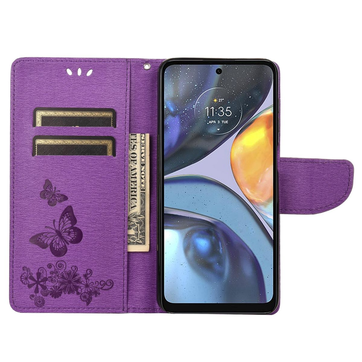 Lila Handyhülle offen. Telefon innen. Schmetterlinge und Geld sichtbar.