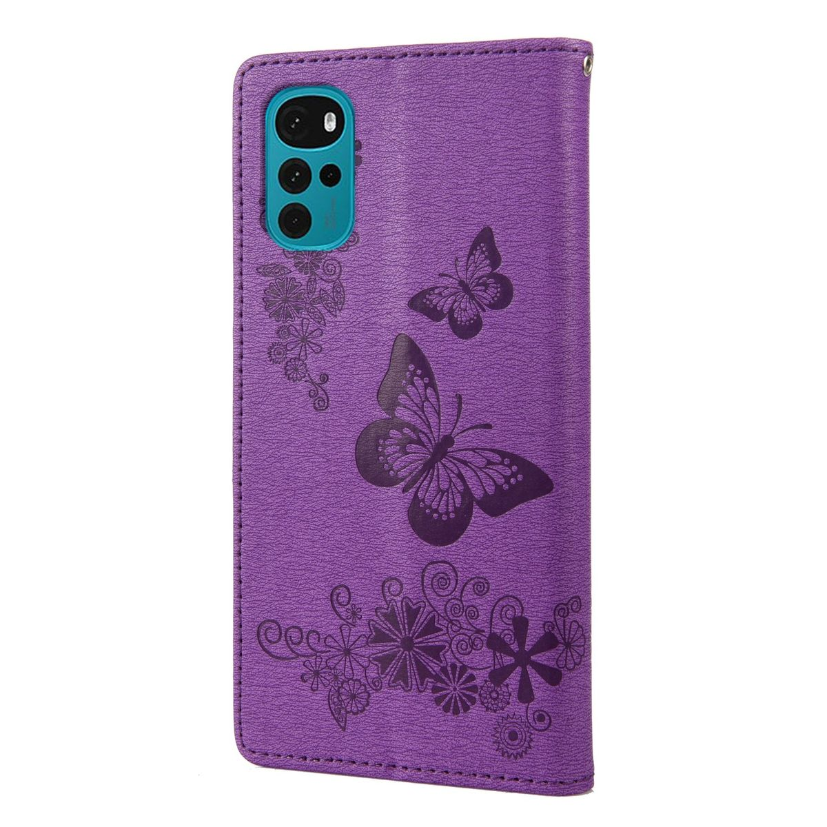 Lila Handyhülle mit Schmetterlings- und Blumendesign. Schmetterlinge sind auf der Hülle eingraviert.