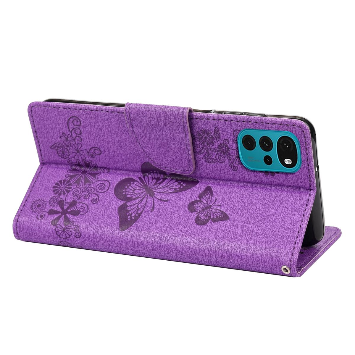 Lila Handyhülle. Die Hülle hat Schmetterlings- und Blumendesigns. Das Telefon ist drin.