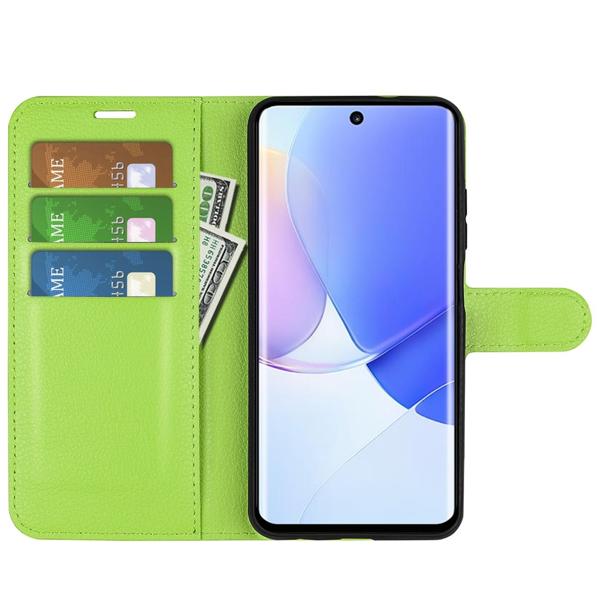 Grüne Handyhülle mit Kreditkartenfächern und Geld. Geöffnet, das Telefon zeigend.