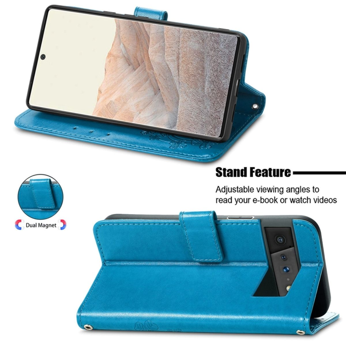 Eine blaue Handyhülle ist geöffnet, mit einem Telefon darin. Die Hülle ist aufgestellt.