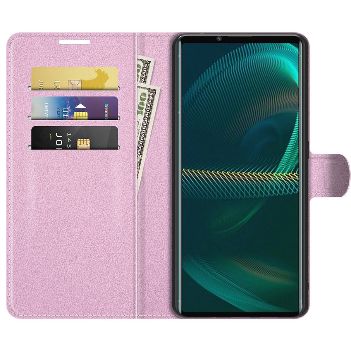 Geöffnete rosa Handyhülle mit Handy, Karten und Geldscheinen. Hellrosa Hintergrund.