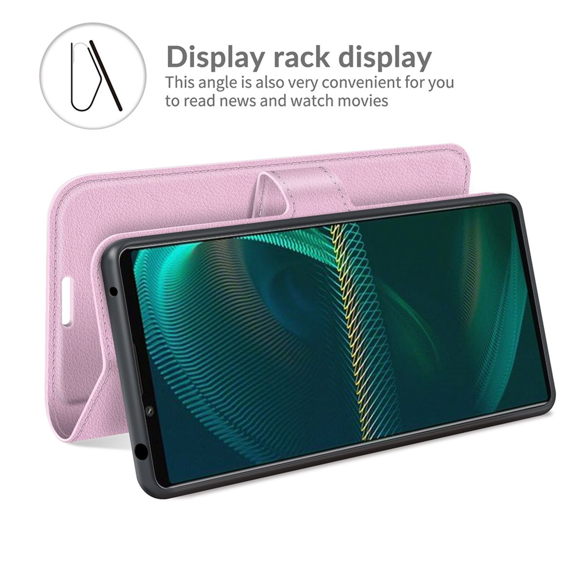 Rosa Handyhülle mit Telefon, als Ständer genutzt. Mit Display-Rack-Funktion.