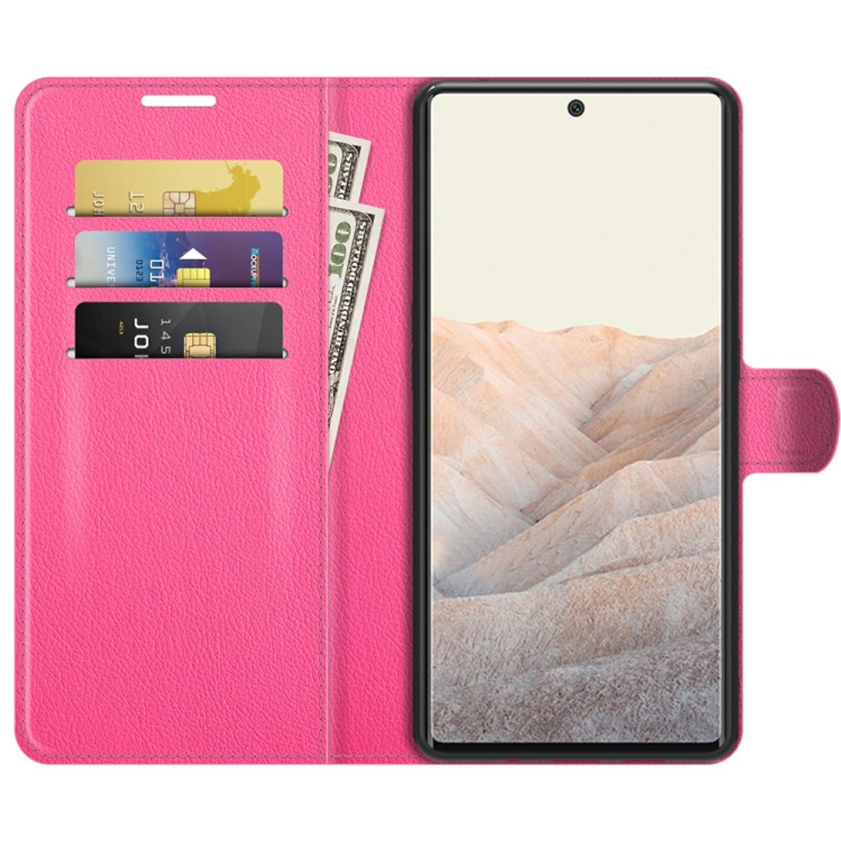 Pinkfarbene Handyhülle offen, mit Telefon, Karten und Geld. Das Telefon zeigt ein Bild.