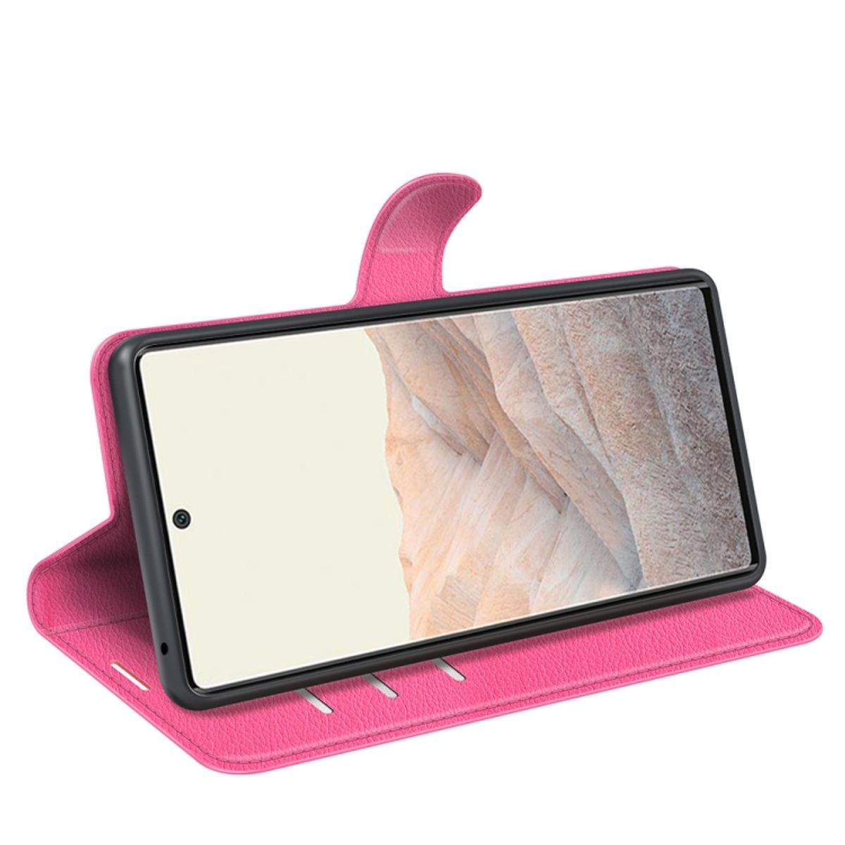Rosa Handyhülle mit offenem Bildschirm. Telefon ist schwarz, Hülle ist rosa.
