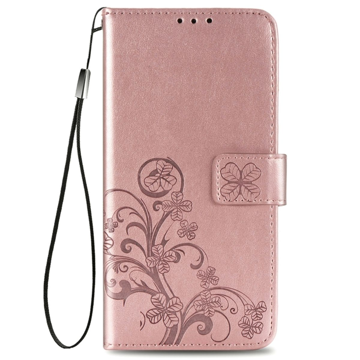 Eine rosa Handyhülle mit floralem Design und einem schwarzen Handgelenkriemen.