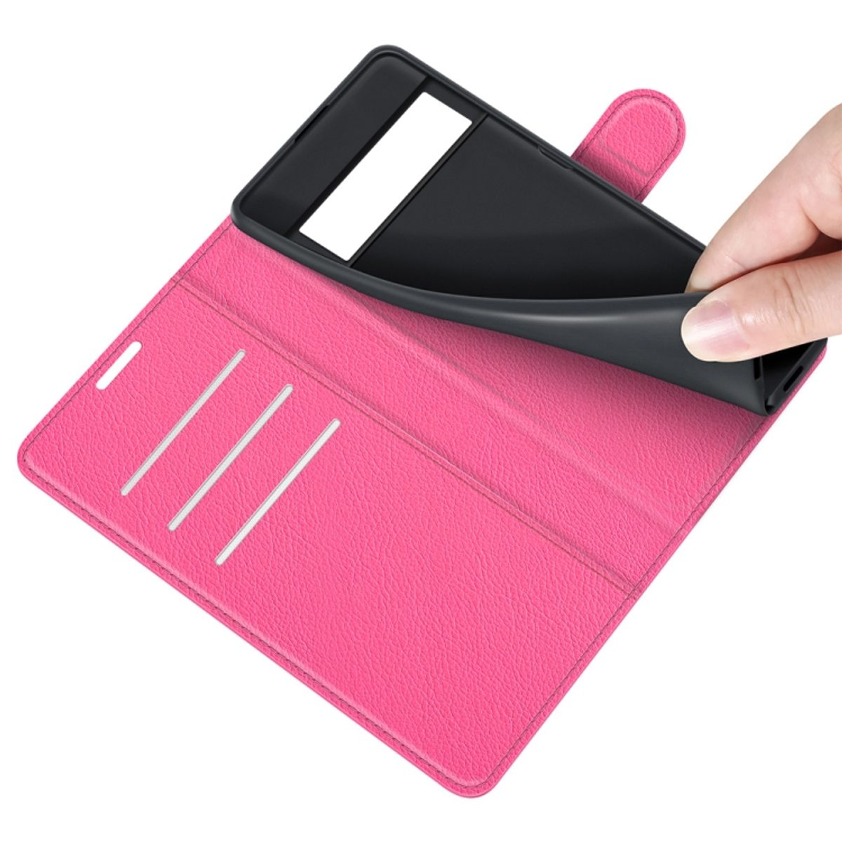 Pinkes Handycase, geöffnet, mit einer Hand, die das Telefon herauszieht.