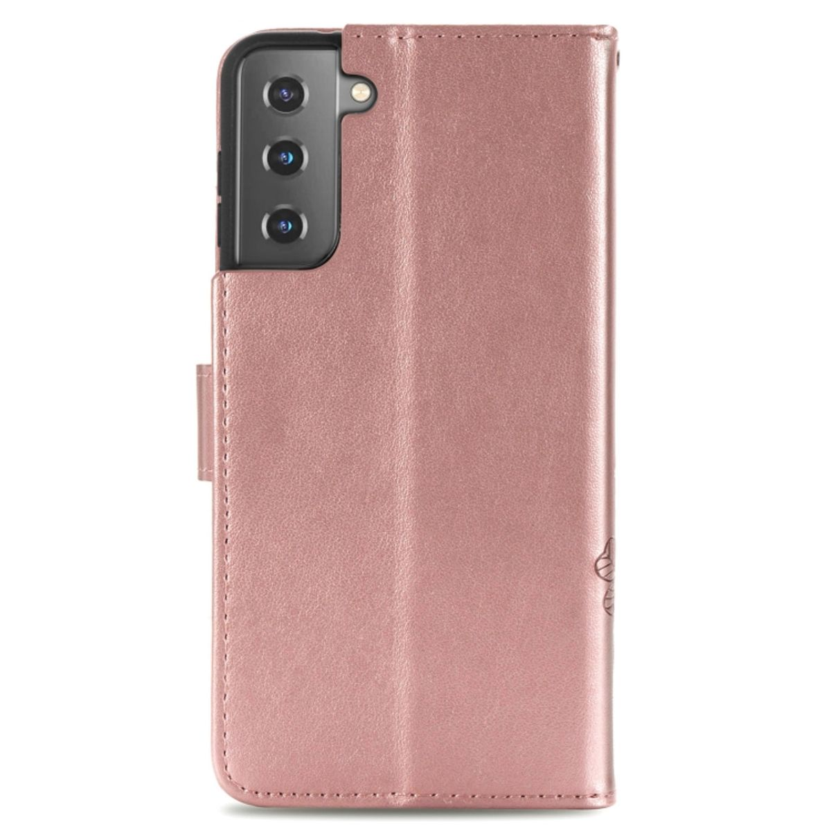 Rosa Handyhülle mit einem Telefon darin. Die Hülle ist geschlossen und hat ein Blumenmuster.