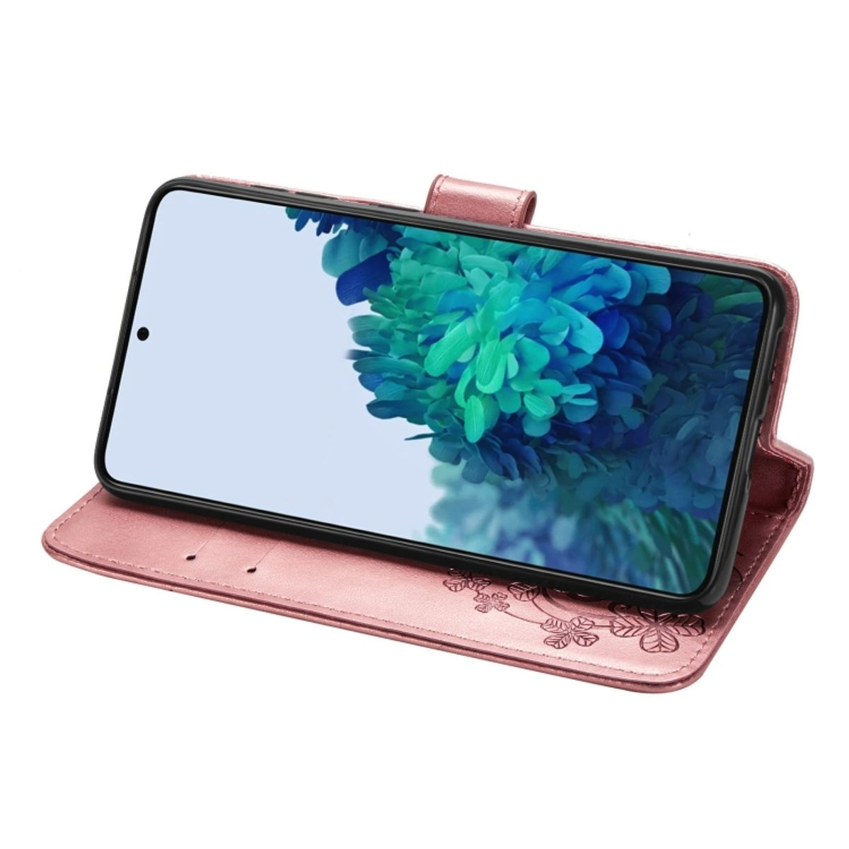 Geöffnete rosa Handyhülle mit einem Telefon, das ein blau-grünes Bild anzeigt.