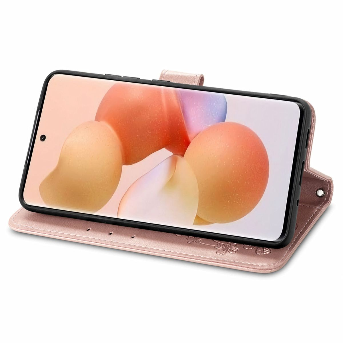 Pinkfarbene Handyhülle mit Telefon im Inneren, zeigt ein hellorangenes Bild mit pinkfarbenem Hintergrund.