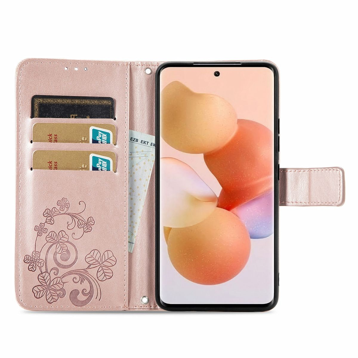 Rosa Handyhülle mit Karten und Telefon. Verziert mit floralem Muster. Karten und Bargeld sichtbar.