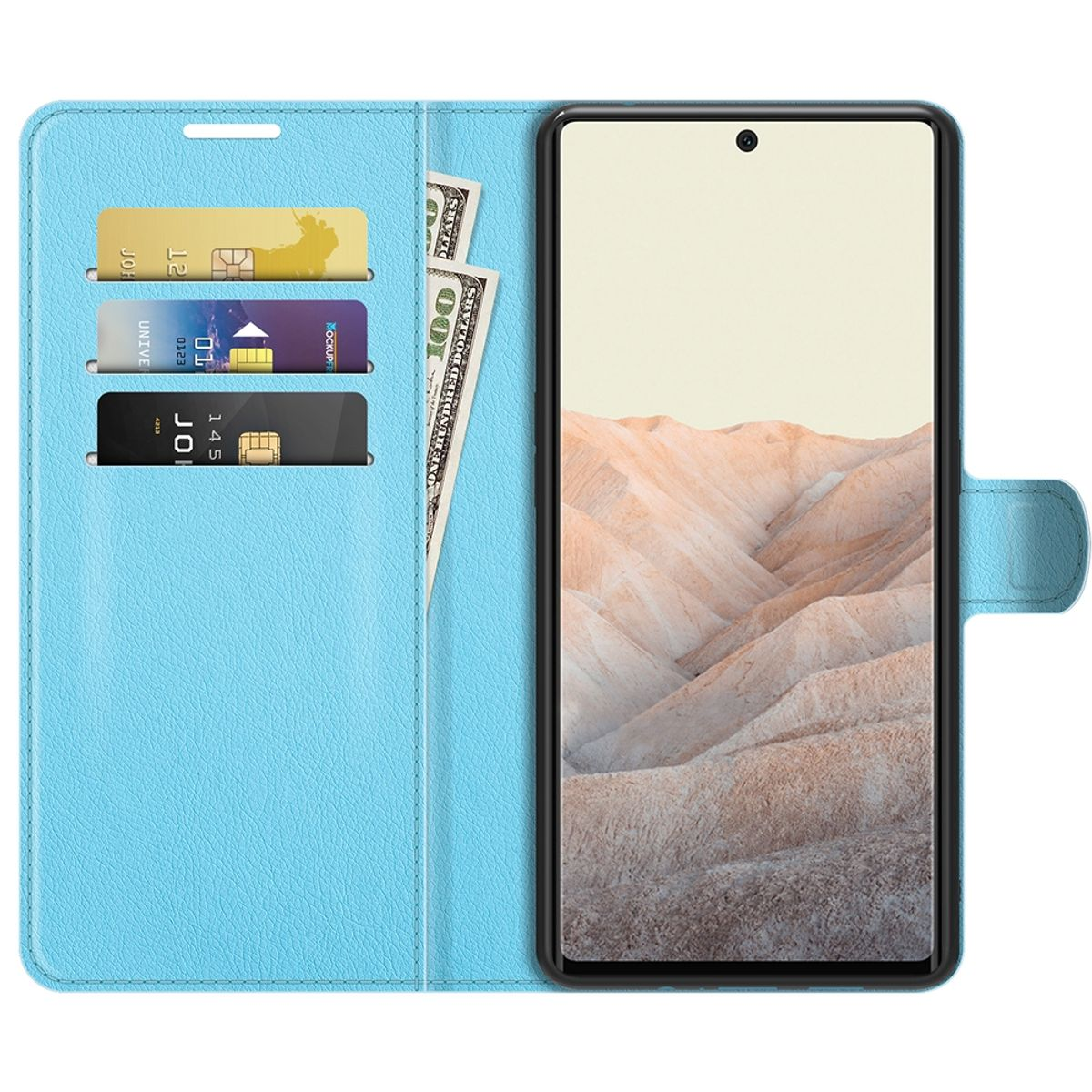 Blaue Handyhülle offen, zeigt Karten und Geld. Telefonbildschirm zeigt Landschaftsbild.