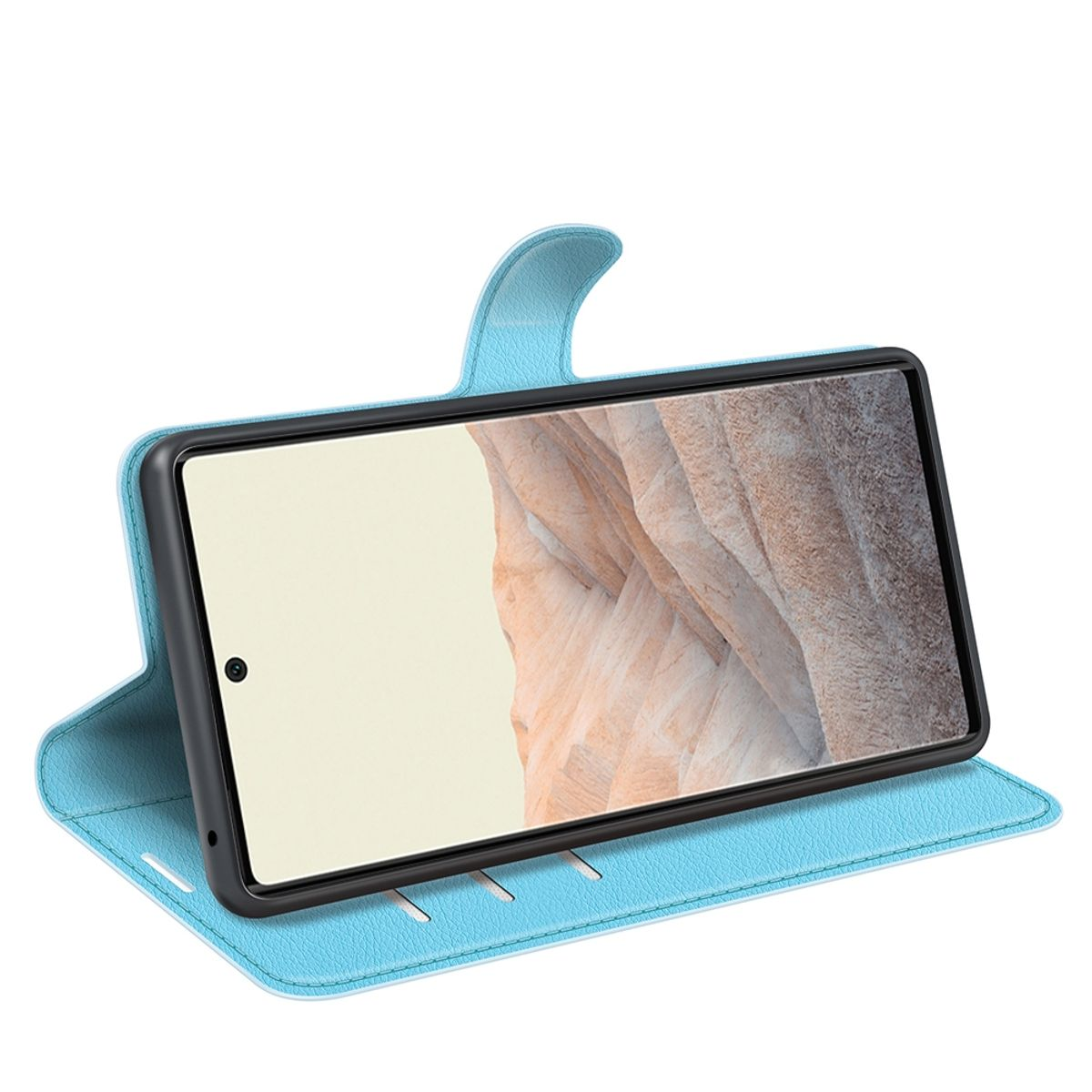 Blaue Handyhülle, Telefon in Ständerposition. Verstellbare Ständerfunktion. Schwarzes Telefon.