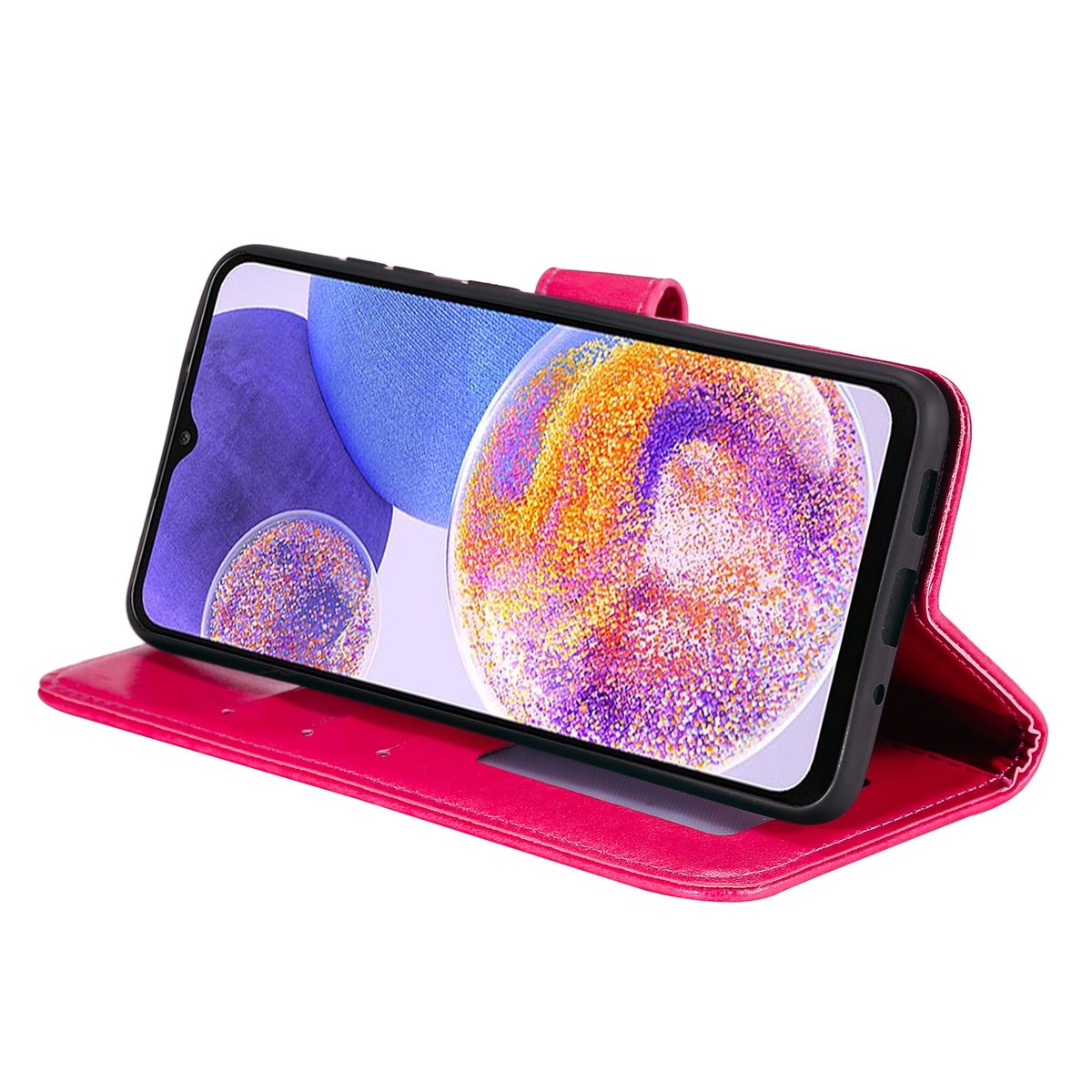 Offene pinkfarbene Handyhülle mit Telefon. Telefon zeigt farbiges Bild. Pinker Hintergrund.