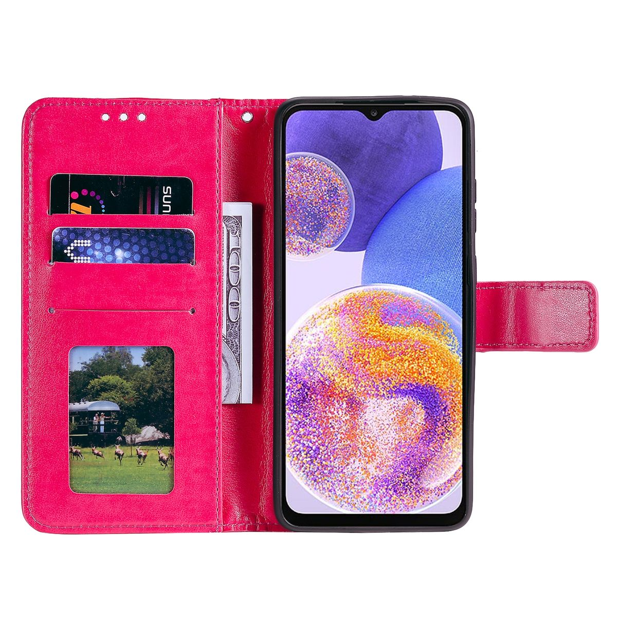 Rote Brieftaschen-Handyhülle mit Karten- und Geldscheinfächern. Telefonbildschirm sichtbar.