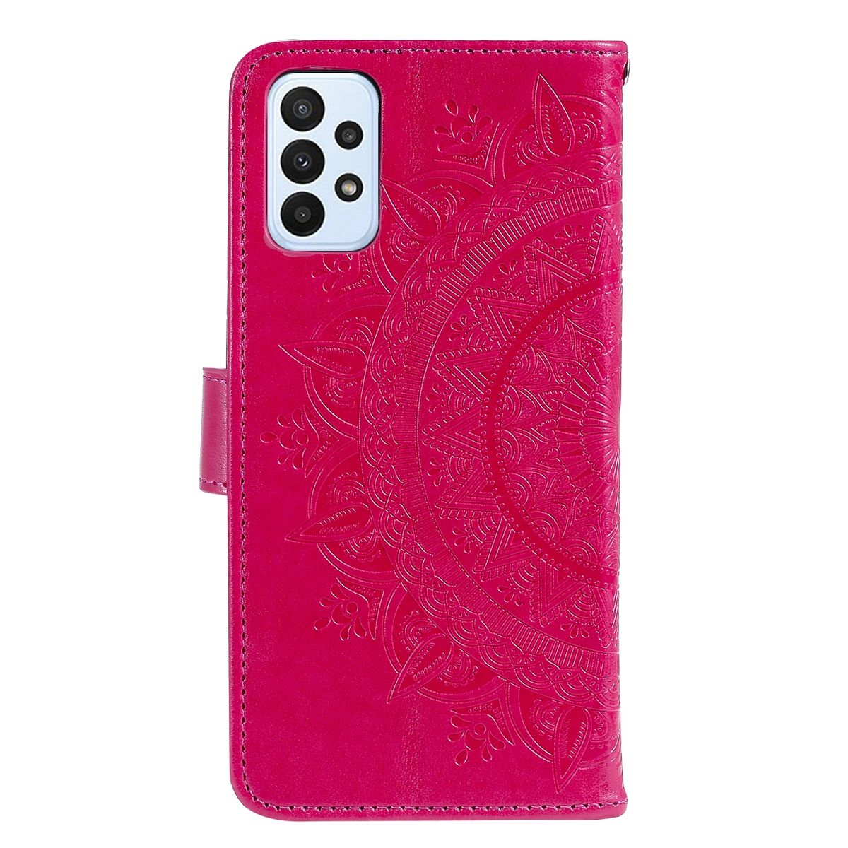 Rosa Handyhülle mit Mandala-Design. Die Hülle ist geöffnet und zeigt die Rückseite eines Telefons.
