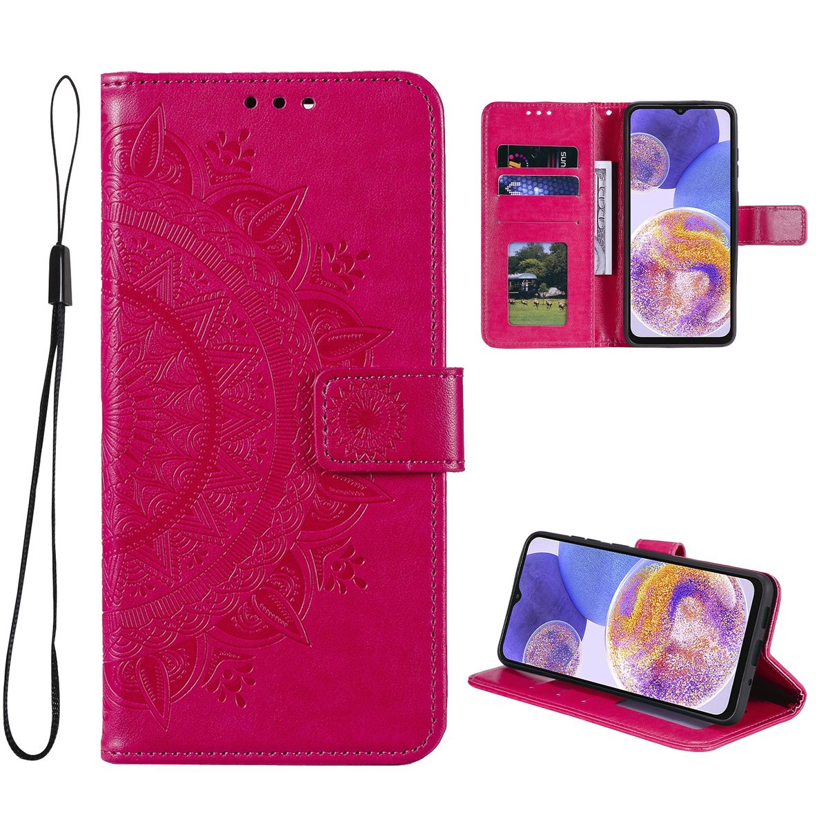 Pinkfarbene Handyhülle mit Mandala-Design, offene und geschlossene Ansicht.