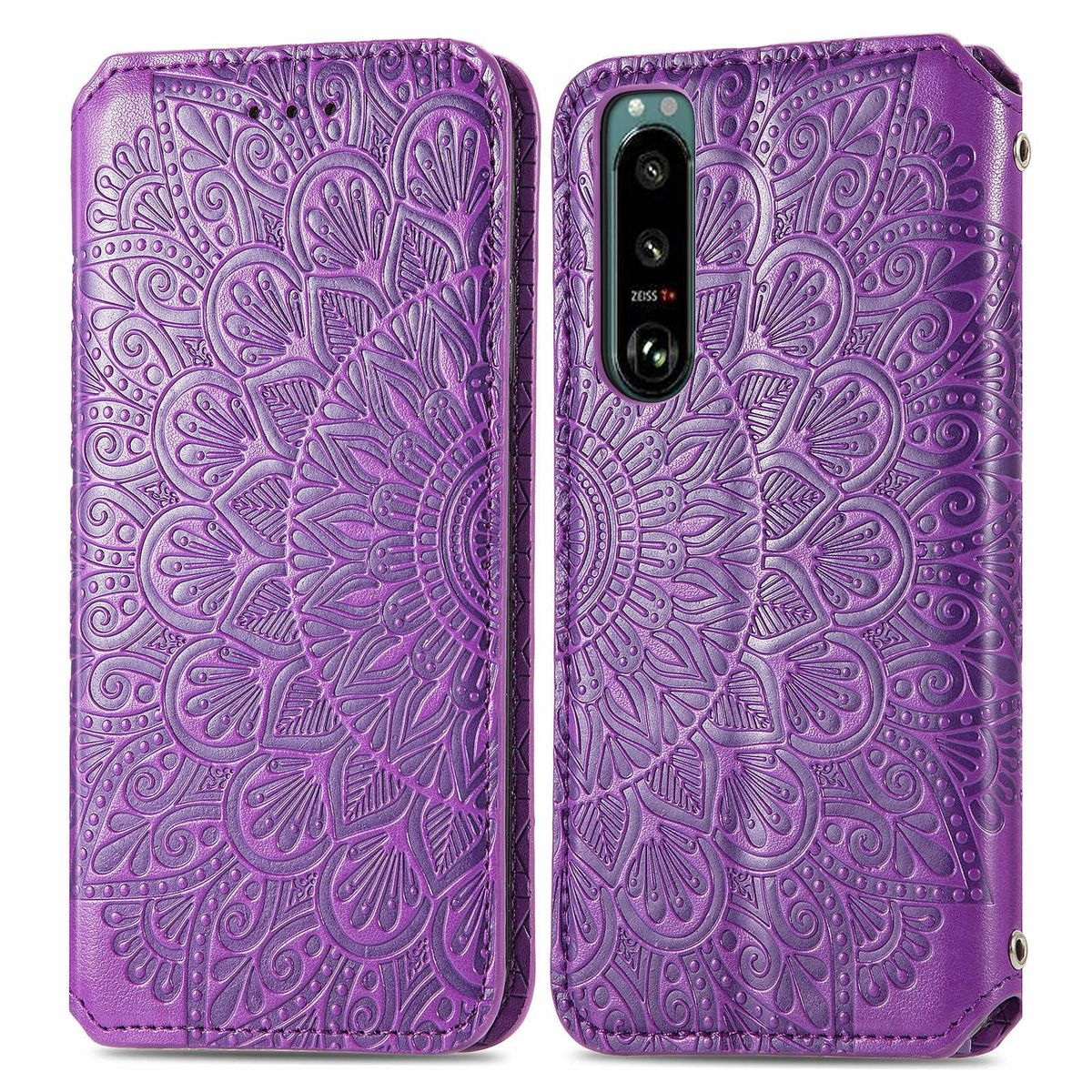 Geöffnete lila Handyhülle. Geprägtes Blumendesign, Telefon und Kamera.