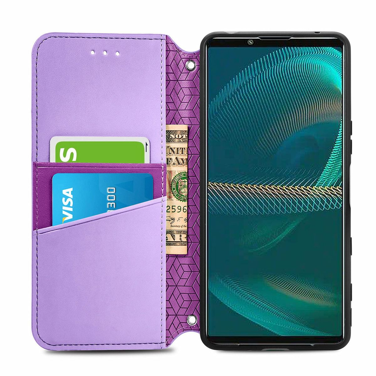 Lila Handyhülle, offen, mit Handy, Kreditkarten und Bargeld sichtbar.