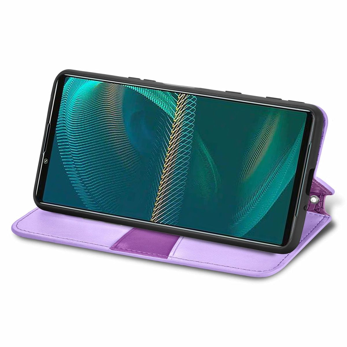 Lila und violette Handyhülle. Telefon zeigt grünes, gelbes und rosa Design. Geöffnet, auf weißer Oberfläche.
